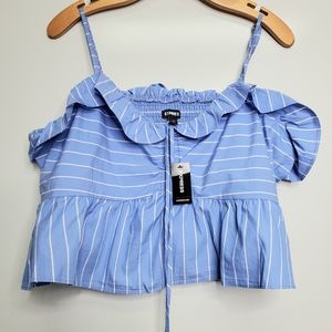 NWT EXPRESS Pin Stripe Ruffle Crop Blue White Blouse Top Size XL